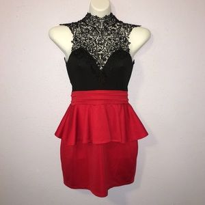 Stunning Lace High Neck Peplum Open Back Dress
